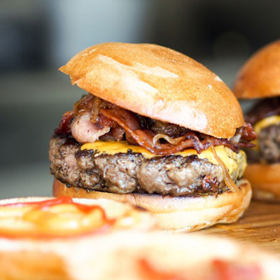 close-up of pur burgers